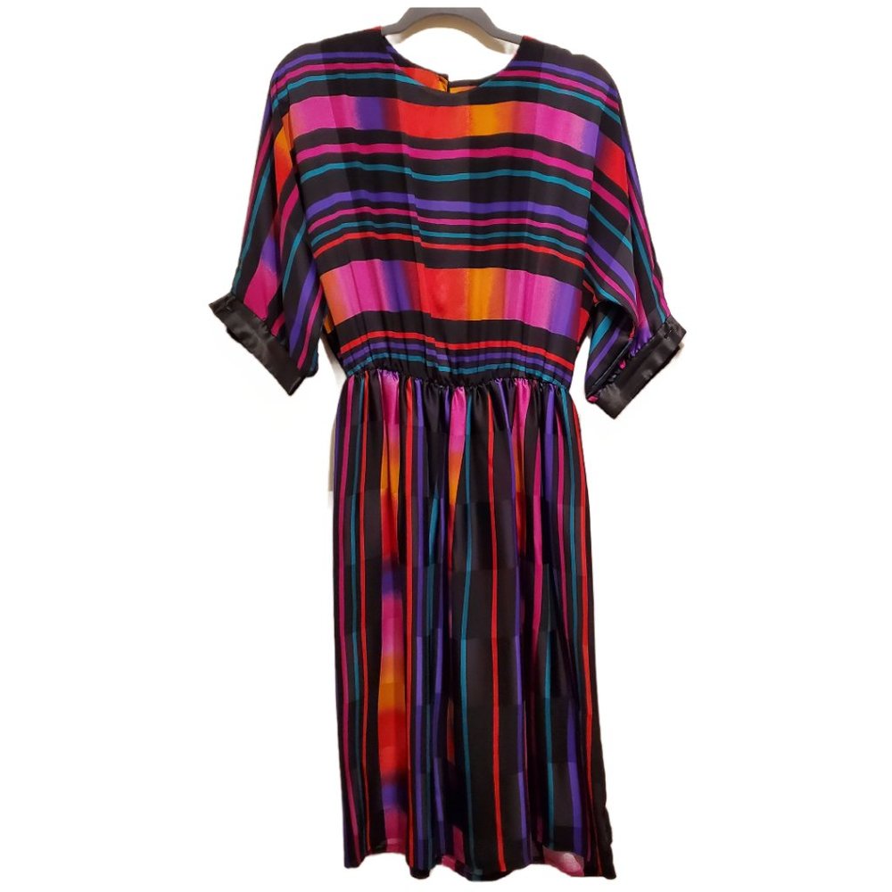 Vintage 80's Alicia Pink Black Pink Multi Stripe Dress Size 10